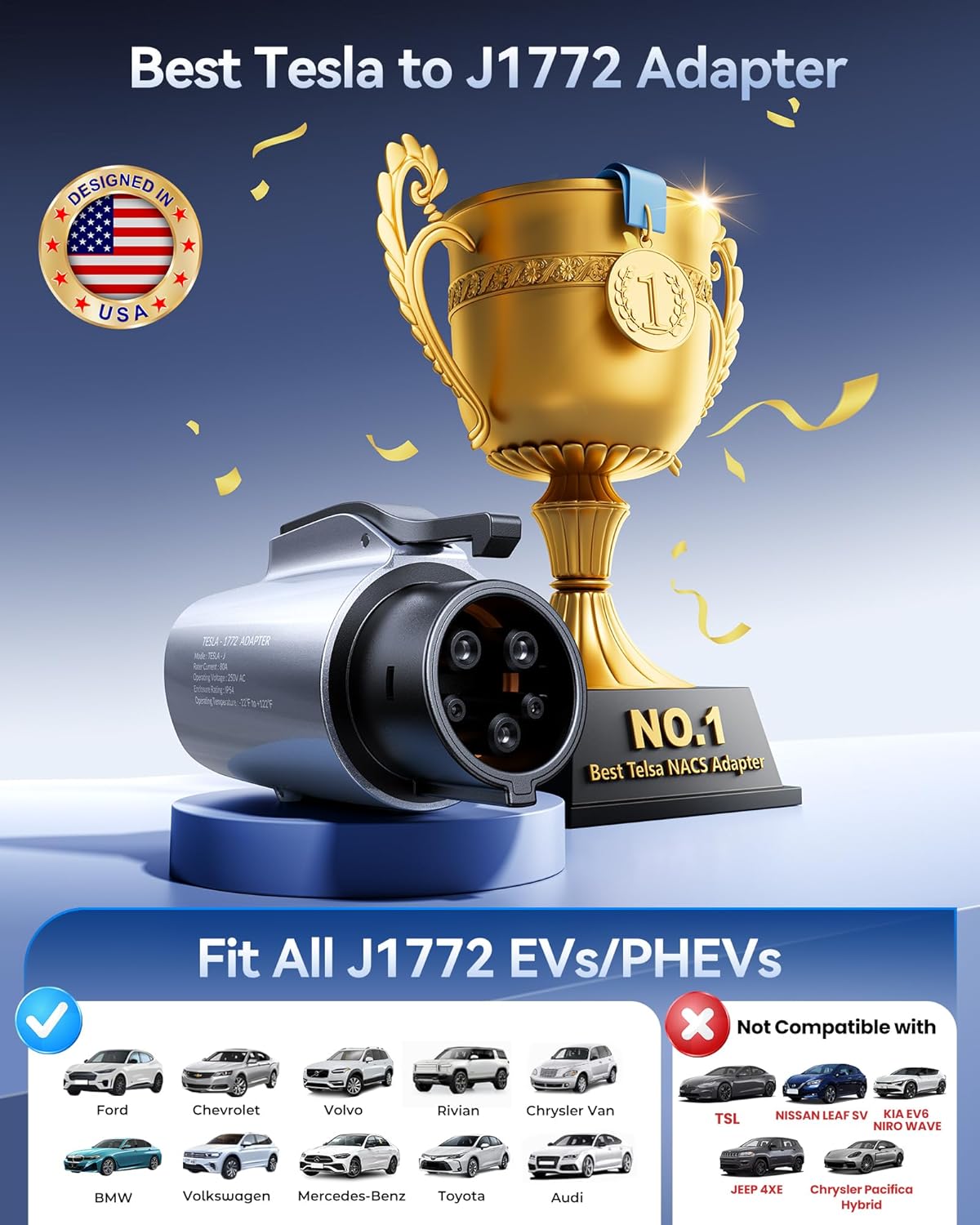 Tesla to J1772 Charging Adapter (Max 80A, 240V), NACS to J1772 Adapter, J1772 EVs Adapter, Compatible with Tesla Wall Connector/Destination/Mobile Charger (for J1772 EVs Only) Silver