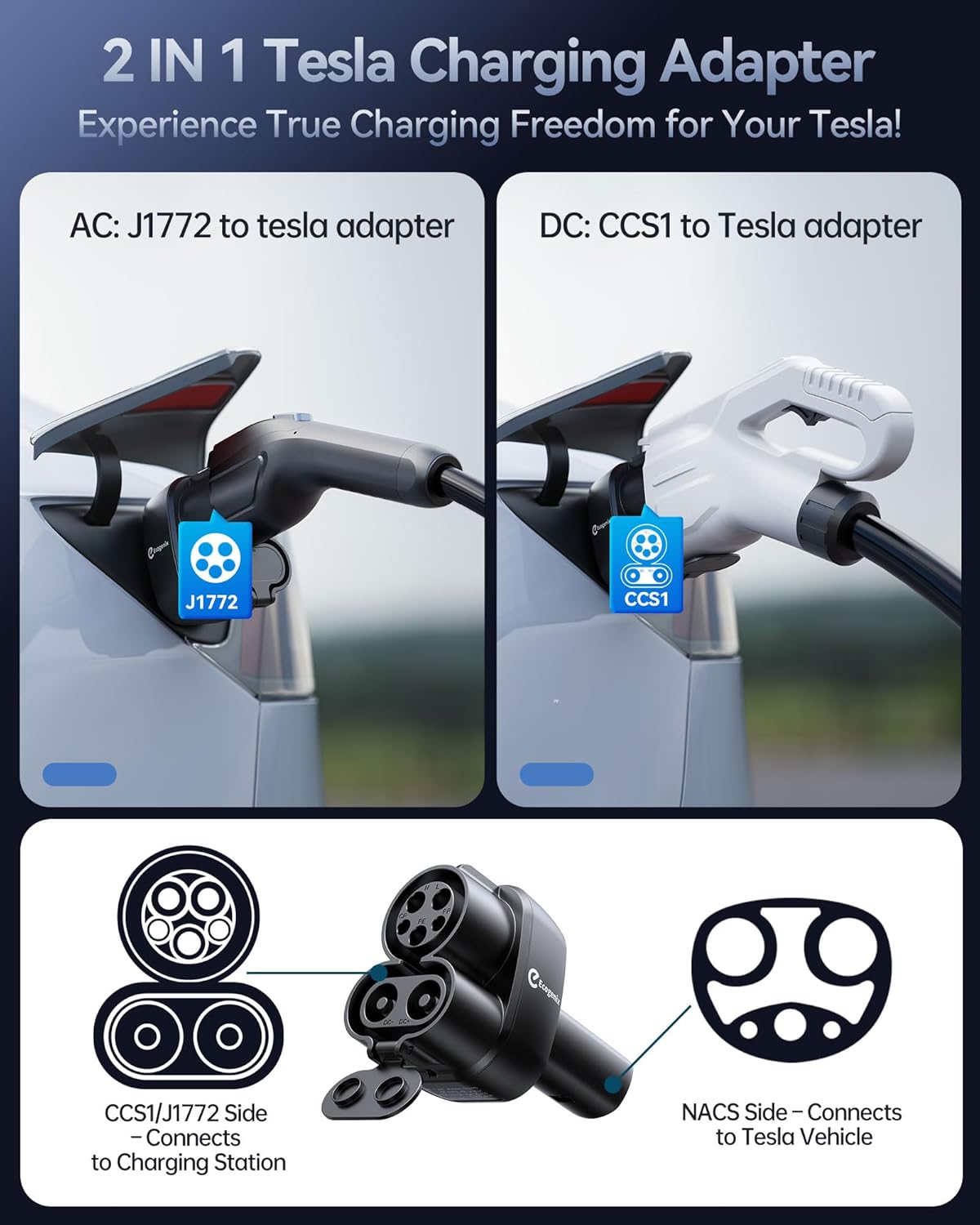 Upgraded 2In1 CCS & J1772 to Tesla Adapter, 250KW Fast CCS1 to Tesla Charging Adapter, ONLY Fit for Tesla Model Y, 3, S, X, Compatible with Level 1 2 3 Charging Stations with CCS1& J1772