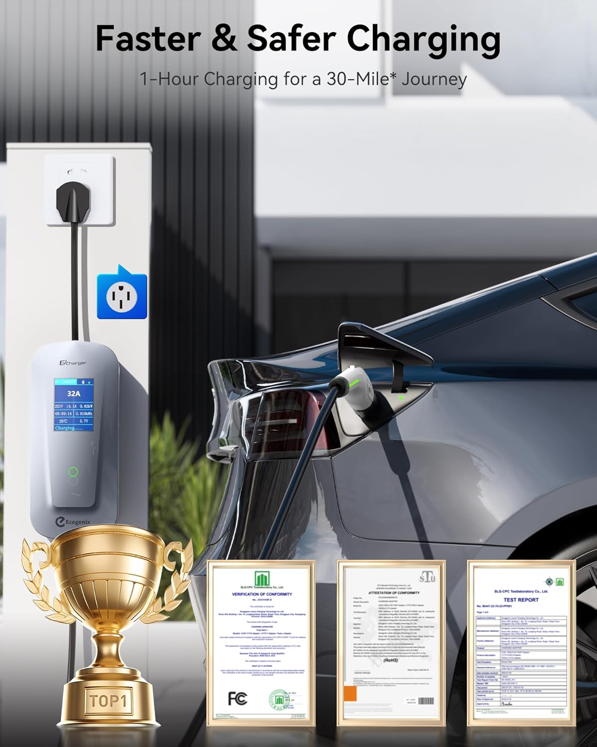 32A Level 2 EV Charger 240V, NEMA 14-50P, Adjustable Current/Timed Mobile Fast Charging Stations for Home, 25ft Cable Fits Tesla Model 3/Y/X/S/Cybertruck with Portable Accessories Bag