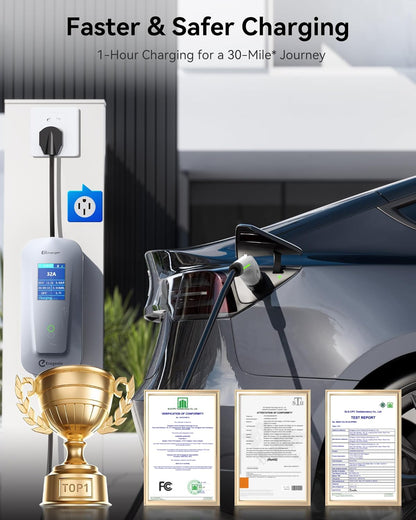 32A Level 2 EV Charger 240V, NEMA 14-50P, Adjustable Current/Timed Mobile Fast Charging Stations for Home, 25ft Cable Fits Tesla Model 3/Y/X/S/Cybertruck with Portable Accessories Bag