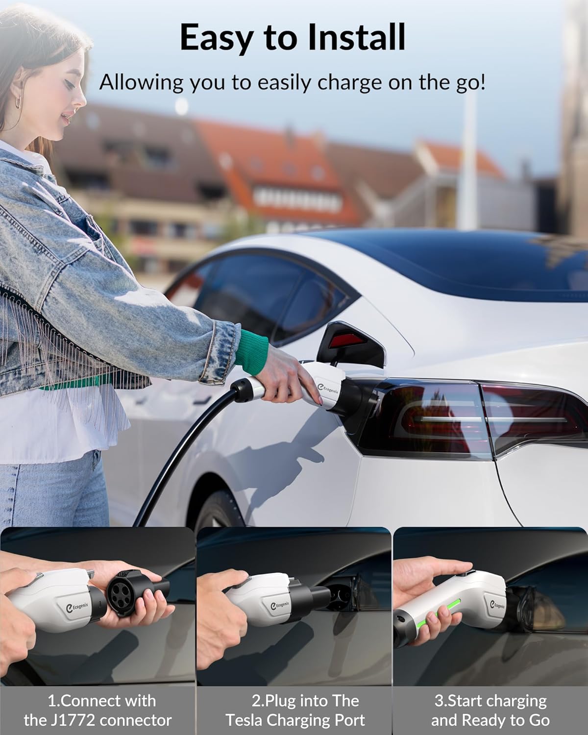 J1772 to Tesla Charger Adapter, Max 80A/250V for Tesla Model Y 3 X S Cybertruck, Tesla Accessories, Connecting to SAE J1772 Charging Stations Fast & Safe Charging for Tesla only