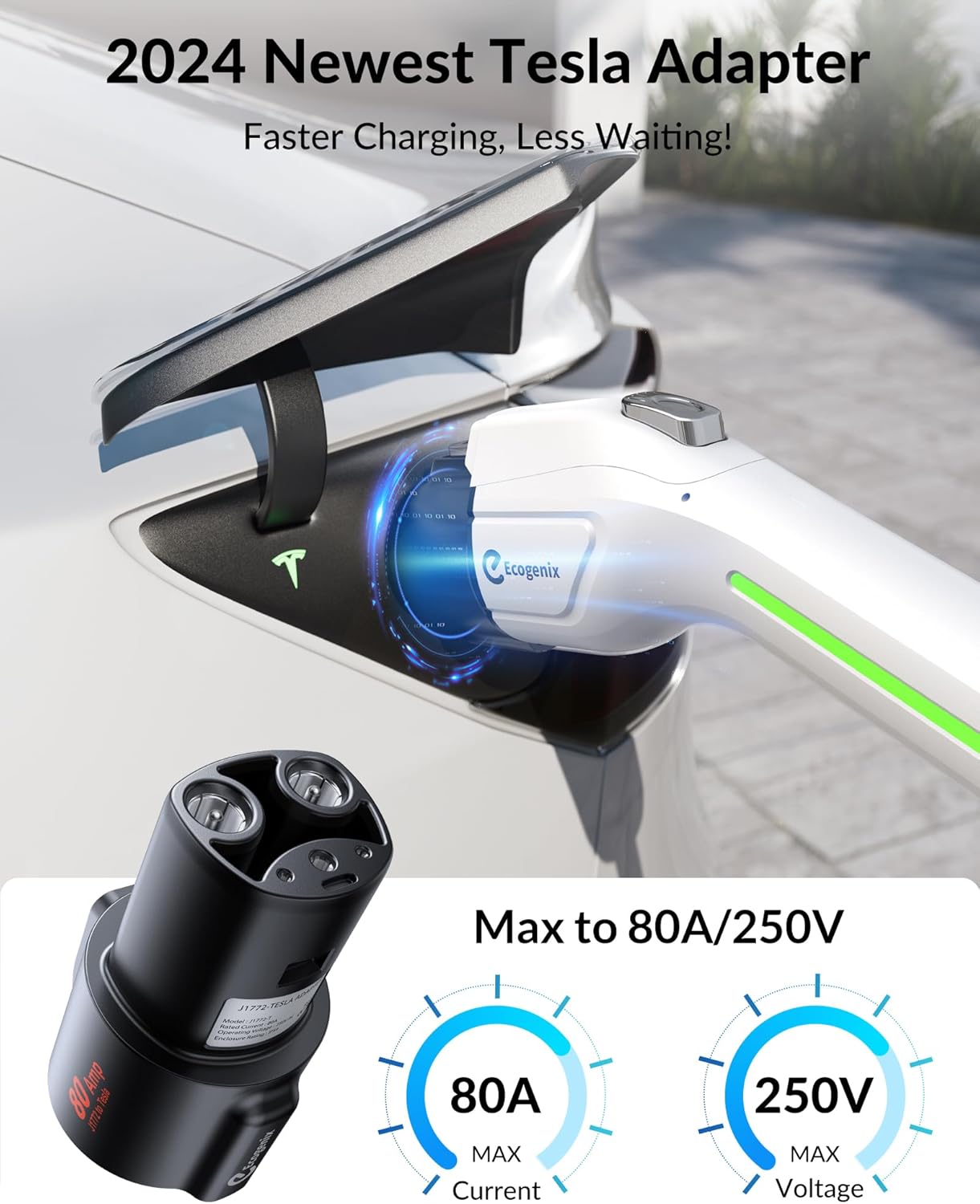 J1772 to Tesla Charger Adapter, Max 80A/250V for Tesla Model Y 3 X S Cybertruck, Tesla Accessories, Connecting to SAE J1772 Charging Stations Fast & Safe Charging for Tesla only