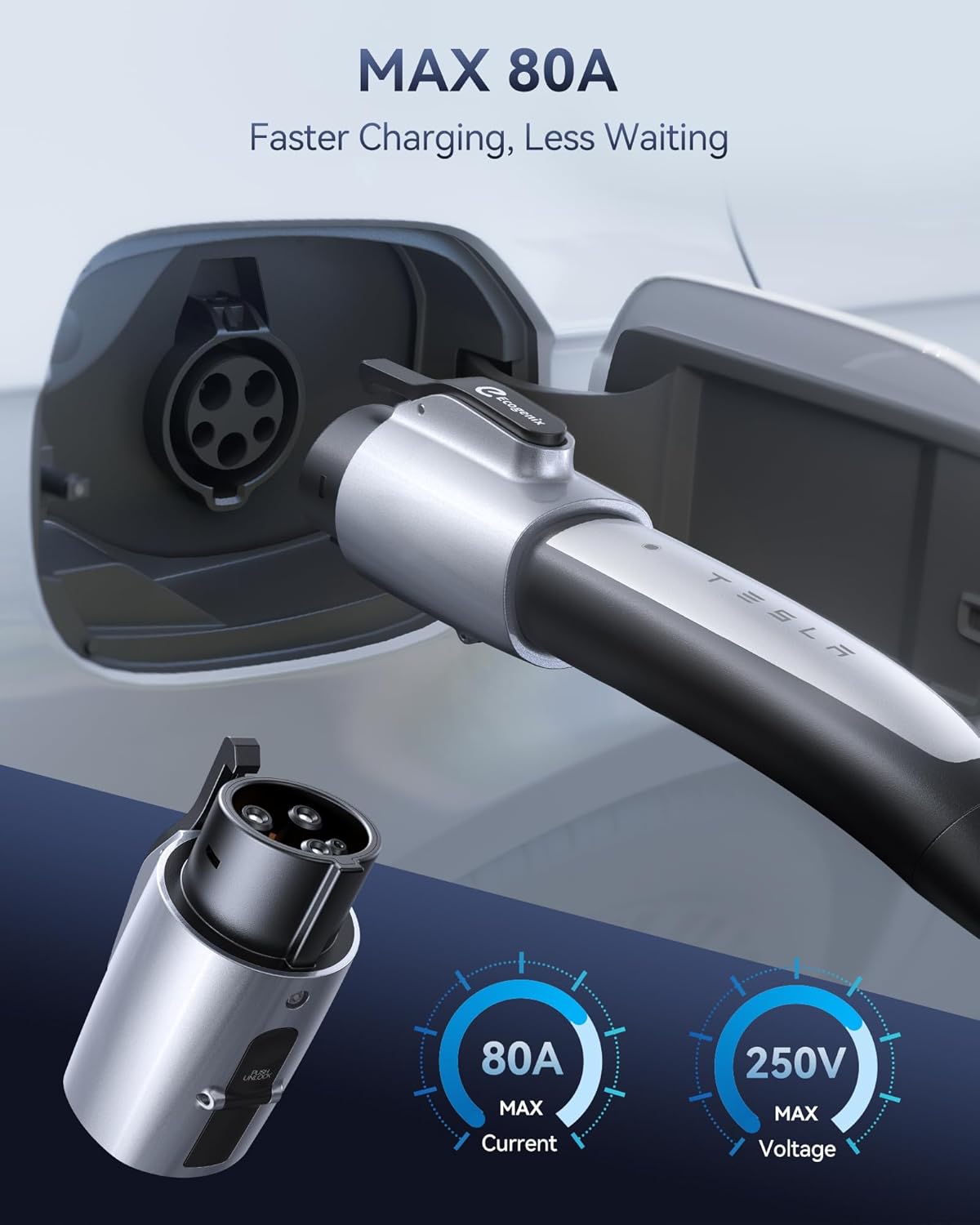 Tesla to J1772 Charging Adapter (Max 80A, 240V), NACS to J1772 Adapter, J1772 EVs Adapter, Compatible with Tesla Wall Connector/Destination/Mobile Charger (for J1772 EVs Only) Silver