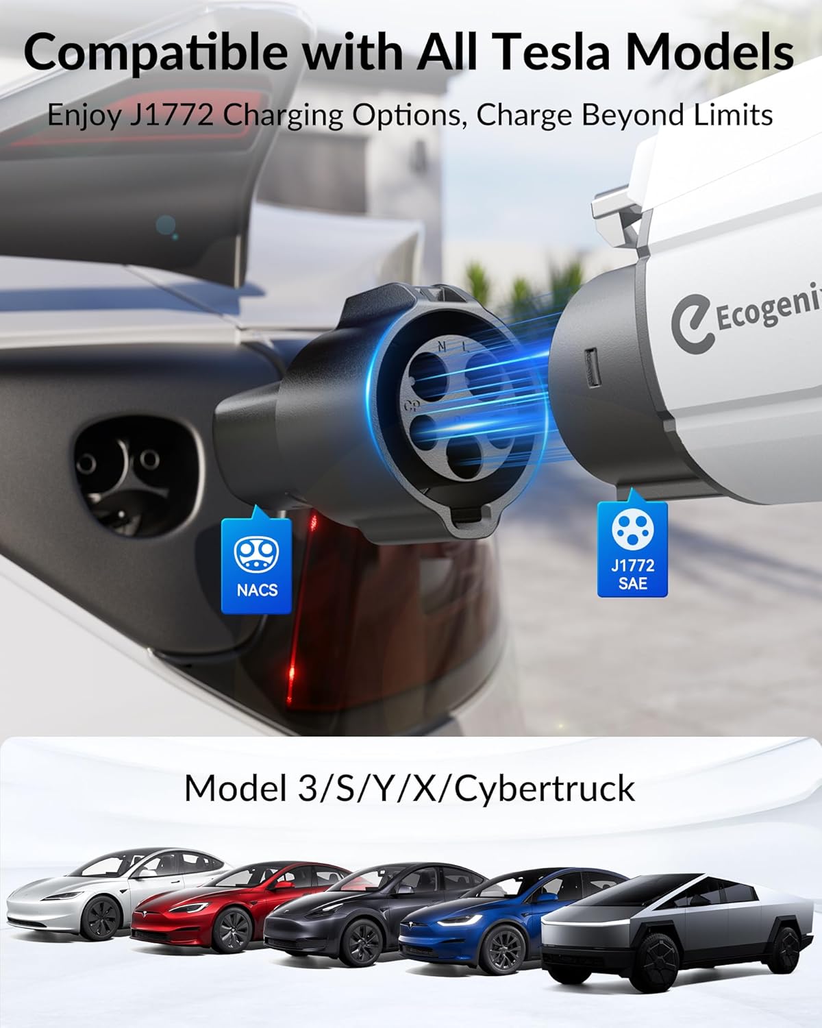 J1772 to Tesla Charger Adapter, Max 80A/250V for Tesla Model Y 3 X S Cybertruck, Tesla Accessories, Connecting to SAE J1772 Charging Stations Fast & Safe Charging for Tesla only