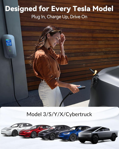 32A Level 2 EV Charger 240V, NEMA 14-50P, Adjustable Current/Timed Mobile Fast Charging Stations for Home, 25ft Cable Fits Tesla Model 3/Y/X/S/Cybertruck with Portable Accessories Bag